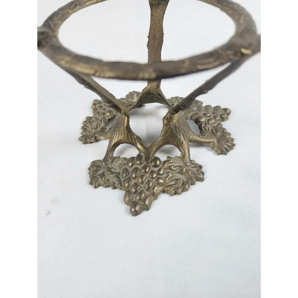 Vintage Crackle Glass Bowl with Brass Tone Grapevine & Oak Leaf Cast Metal Stand